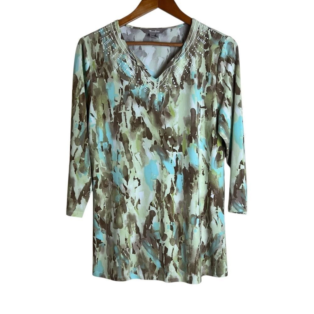 3 for $30! Tan Jay patterned beaded tunic. Size small